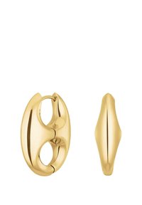 Náušnice ve zlatém tónu s hladkým, abstraktním designem zaobleného předního a zužujícího se zadního dílu, které zvýrazňují lesklou kovovou texturu.