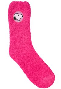 Calzino rosa fluffy con un patch circolare con un design di Snoopy. Il materiale è morbido e peloso, con punta arrotondata e altezza alla caviglia.