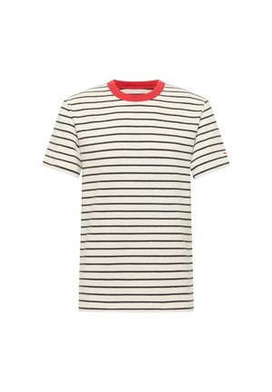 Camiseta blanca de manga corta con rayas horizontales negras y un cuello redondo rojo.