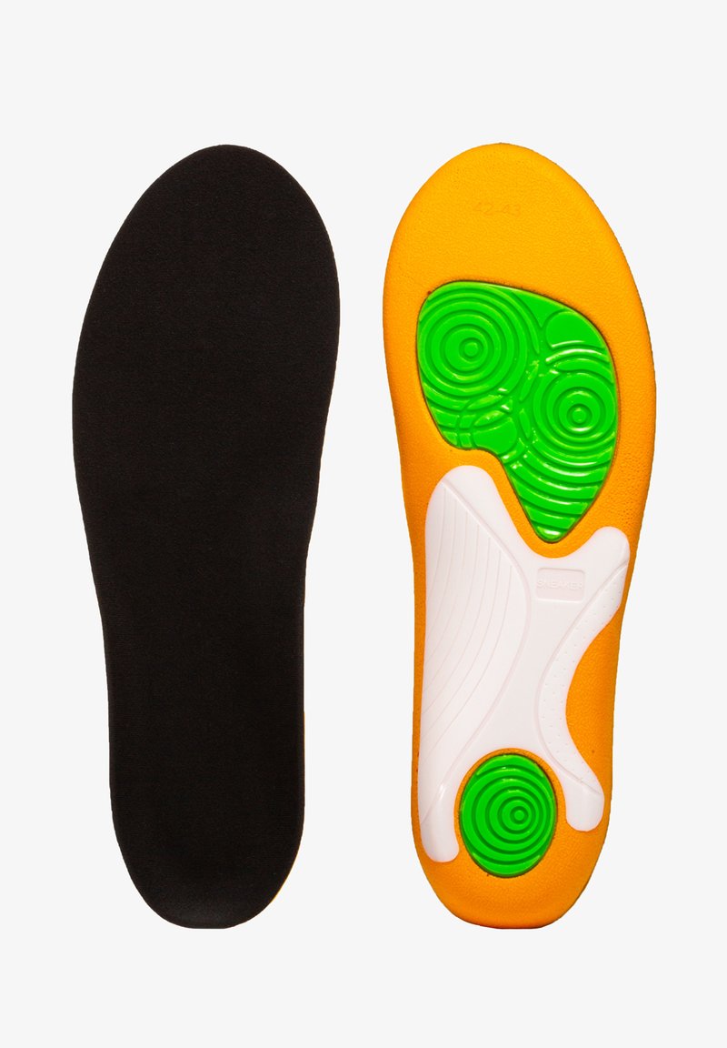 Shoe insole set: left side black fabric, right side orange foam with white accents and green circular cushioning patterns.