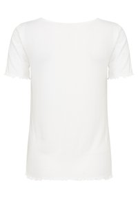 Top alb cu model striat, cu mânecă scurtă și guler rotund. Prezintă o finisare texturată și margini ondulate la mâneci și tiv. Design simplu.