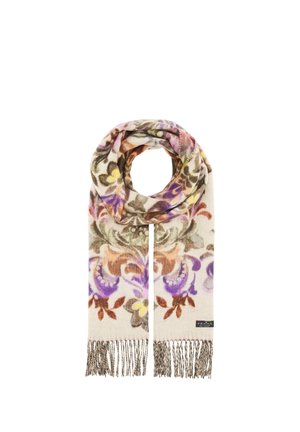 Soft wool scarf with multicolored floral pattern in brown, purple, yellow, and green, finished with twisted fringe ends.