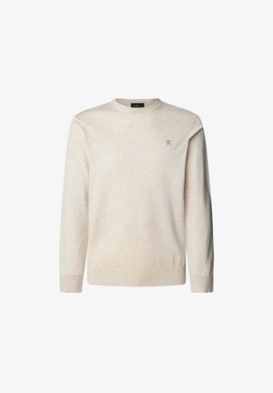 Lichte beige pullovertrui met een ronde halslijn, lange mouwen, geribde manchetten en zoom, en een klein embleem op de borst.