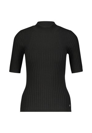 Svart ribbet topp med korte ermer, høy hals, strukturert passform og glatt tekstur med en subtil logo detalj ved kanten.