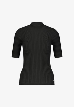 Svart ribbet topp med korte ermer, høy hals, strukturert passform og glatt tekstur med en subtil logo detalj ved kanten.