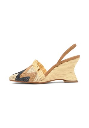 Zapato con cuña y tiras traseras tejido en beige, marrón claro y negro con detalles de flecos a lo largo del borde delantero.