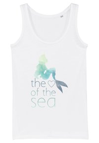 Hvid tanktop med et akvarel-lignende design af en havfrue og teksten "havets ♥" i forskellige nuancer af blå og grøn.