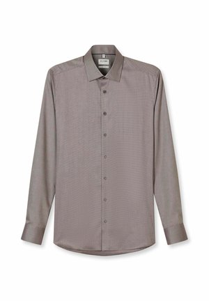 Camicia da uomo a maniche lunghe con bottoni, colore marrone tenue, con colletto a punta e motivo testurizzato sottile.