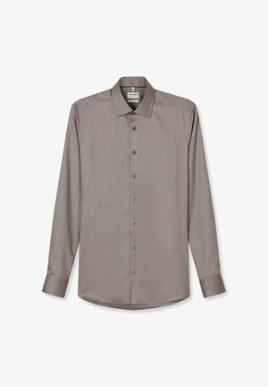 Camicia da uomo a maniche lunghe con bottoni, colore marrone tenue, con colletto a punta e motivo testurizzato sottile.