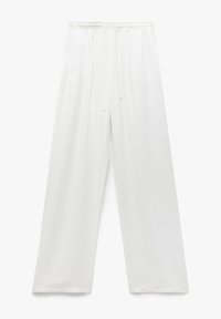 Witte wijde broek van zacht materiaal met een elastische tailleband en een verstelbaar trekkoord. Beschikt over rechte pijpen en een gestikte zoom.