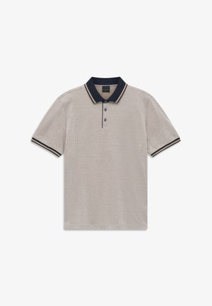 Beige strukturiertes Kurzarm-Poloshirt mit navyfarbenem Kragen und Ärmelbündchen, mit beigen und weißen Streifen und drei Knöpfen auf der Knopfleiste.