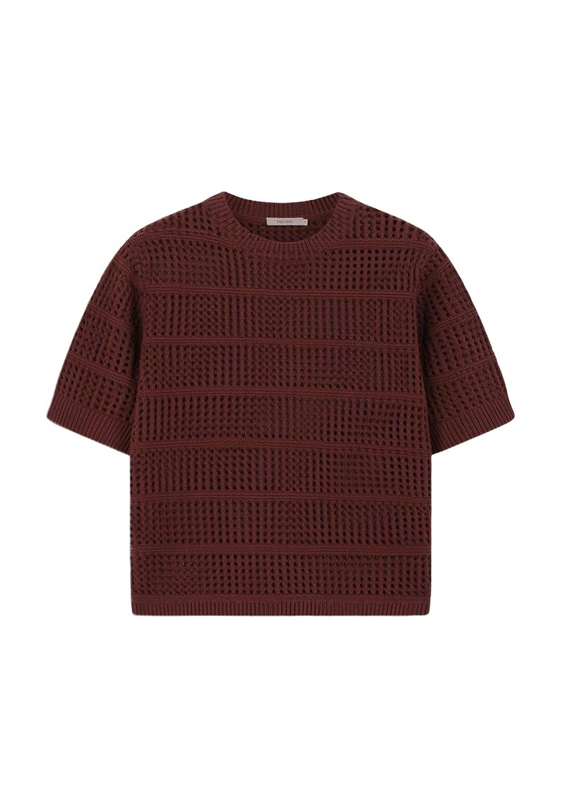 Burgunderfarbener, kurzärmeliger Strickpullover mit einem strukturierten, offenen Webdesign und horizontalen Streifen. Rundhalsausschnitt und entspannte Passform.