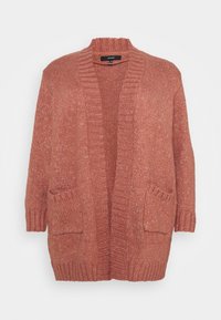 Rust-colored cardigan made of textured knit fabric, featuring ribbed cuffs, an open front, and two front pockets.