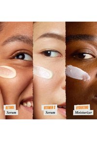Kolme lähikuvaa esittelee erilaisia ihonsävyjä. Jokaisessa kuvassa on käytössä tuote: retinoliseerumi (voide), C-vitamiiniseerumi (kevyt voide) ja kosteuttava kosteusvoide (valkoinen voide).