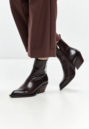 Bottes cheville en cuir brun avec un bout pointu, un talon et une fermeture éclair sur le côté. La texture est brillante et le design présente un talon légèrement évasé.