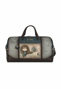 Bruine duffelbag met teal accenten, met een speelse cartoonmeisje grafiek en de tekst "Dromen". Gemaakt van synthetisch materiaal met textuurdetails.