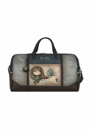 Brown duffel bag with teal accents, featuring a whimsical cartoon girl graphic and text "Dreams." Made of synthetic material with textured details.