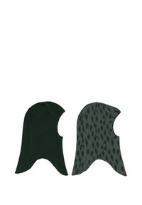 Dos prendas con capucha: una en verde oscuro sólido y la otra con un patrón de formas abstractas en tonos azul verdoso y marrón sobre un fondo verde apagado.