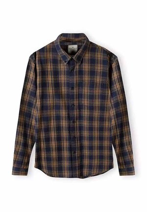 Koszula z guzikami w kratę w kolorze granatowym i pomarańczowym. Wykonana z tkaniny tkanej, ma długie rękawy i klasyczny kołnierzyk z guzikami z przodu.