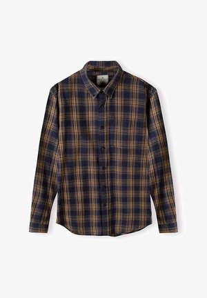 Koszula z guzikami w kratę w kolorze granatowym i pomarańczowym. Wykonana z tkaniny tkanej, ma długie rękawy i klasyczny kołnierzyk z guzikami z przodu.