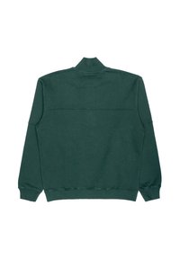 Sudadera verde, mezcla de algodón, cuello alto, mangas largas, puños y dobladillo acanalados, costura plana en la parte posterior, diseño minimalista, textura suave.