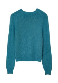 Maglione lungo a maniche lunghe in teal, con polsini e orlo a coste e scollatura tonda, esposto su uno sfondo bianco.