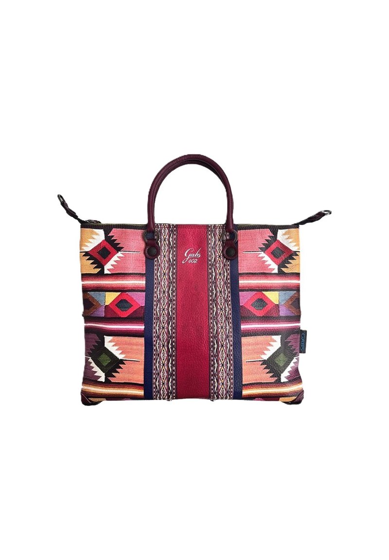 Borsa tote multicolore con motivi geometrici, realizzata in tessuto e pelle, dotata di due manici e una chiusura superiore a zip, principalmente in rosa e bordeaux.