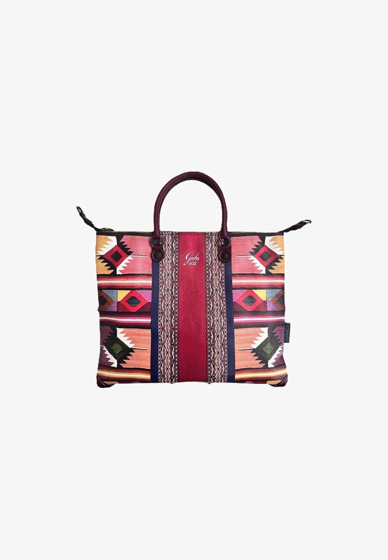 Borsa tote multicolore con motivi geometrici, realizzata in tessuto e pelle, dotata di due manici e una chiusura superiore a zip, principalmente in rosa e bordeaux.