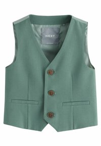 Gilet vert avec un décolleté en V, trois boutons marron et deux poches avant. Fabriqué en tissu lisse, avec une doublure intérieure en satin.