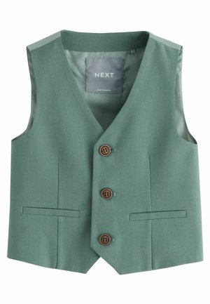 Gilet vert avec un décolleté en V, trois boutons marron et deux poches avant. Fabriqué en tissu lisse, avec une doublure intérieure en satin.