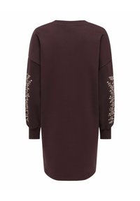 Robe marron foncé à manches longues avec des poignets côtelés et une broderie florale beige courant le long des deux manches.