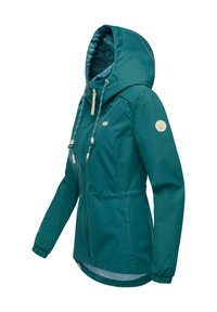 Turkis vanntett jakke for kvinner med hette, frontglidelås, snorer, sidelommer, elastiske mansjetter og blomstermønstret innerfôr.