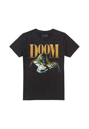 Black Marvel t-shirt with large gold "DOOM" text and an illustration of the character Doctor Doom wearing a green hood and metal armor.