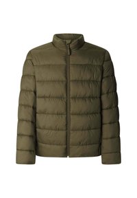 Veste rembourrée vert olive avec coutures horizontales, col haut et fermeture éclair à l'avant. Texture lisse, conception légère et sans marque visible.