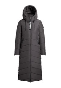 Long gray puffer coat with a hood, featuring a front zipper, diagonal quilted pattern, adjustable drawstrings, and two side pockets.