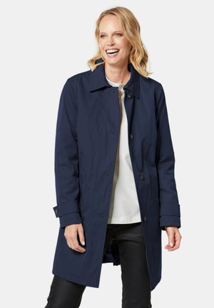 Navy blue, waterproof trench coat with a collar, button front, and adjustable cuffs. Features a straight cut and sleek, smooth texture.
