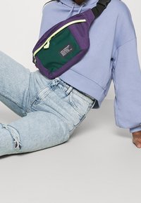 Violetti ja vihreä vyölaukku, jossa on vetoketjullinen etutasku, säädettävä hihna ja etupuolella brändilogo. Päällä vaalea huppari.