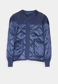 Veste matelassée bleu marine à manches longues, fermeture boutonnée, deux poches avant et poignets côtelés.