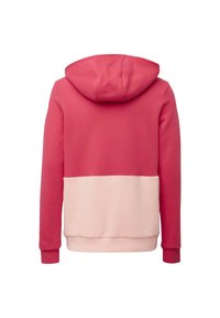 Hooded sweatshirt featuring a two-tone design, with a vibrant pink upper and a pale pink lower, made from a soft, textured material.