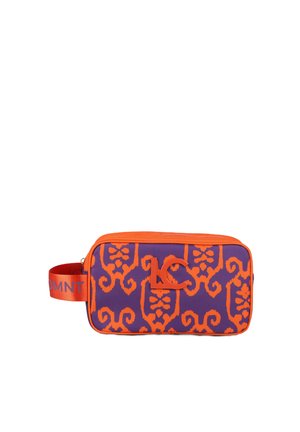 Purple fabric bag with an orange geometric pattern, zip closure, and an orange handle. Features a small logo in orange on the front.
