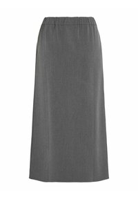 Jupe droite grise longueur genou avec taille élastique, en tissu lisse, présentée sur fond blanc.
