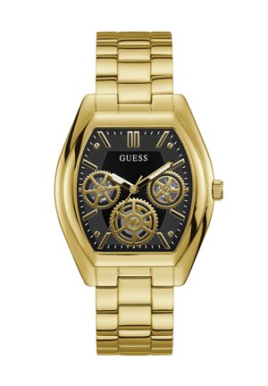 Goudkleurig roestvrijstalen horloge met een zeshoekige wijzerplaat, zwarte wijzerplaat en zichtbare tandwielen. Voorzien van gouden uurmarkeringen en een schakelarmband.