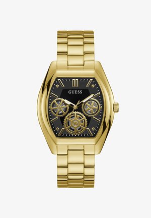 Gold-tone stainless steel watch with a hexagonal face, black dial, and visible gears. Features gold hour markers and a linked bracelet.