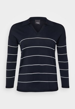 Marineblå langermet skjorte med hvite horisontale striper, V-hals design, myk tekstur og krage.