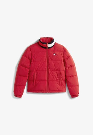 Red puffer jacket with a high collar, zip closure, and two side pockets. Features a striped neckline with navy, white, and red accents.
