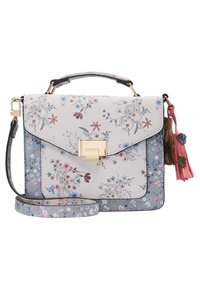 Rectangular floral handbag with top handle, adjustable shoulder strap, front flap with gold clasp, and decorative tassels in pink and brown.