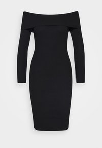 Černé pletené midi šaty s výstřihem přes ramena a dlouhými rukávy. Upnutý střih zdůrazňuje siluetu. Hladká textura.