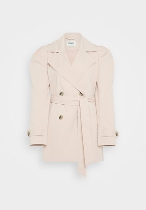 Light pink trench coat with double-breasted design, gold button accents, wide lapels, and tied belt. Features puffed sleeves and smooth texture.