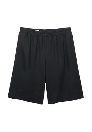 Shorts noirs avec une taille élastique, texture lisse, longueur genoux, présentant un design simple et sans poches ni accessoires visibles.