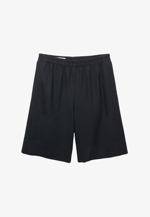 Pantaloni corti neri con cintura elastica, texture liscia, lunghezza al ginocchio, caratterizzati da un design semplice e senza tasche o elementi metallici visibili.